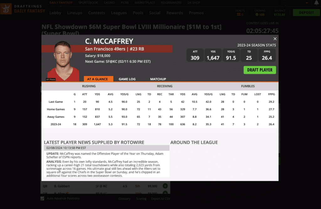 DraftKings DFS player profile