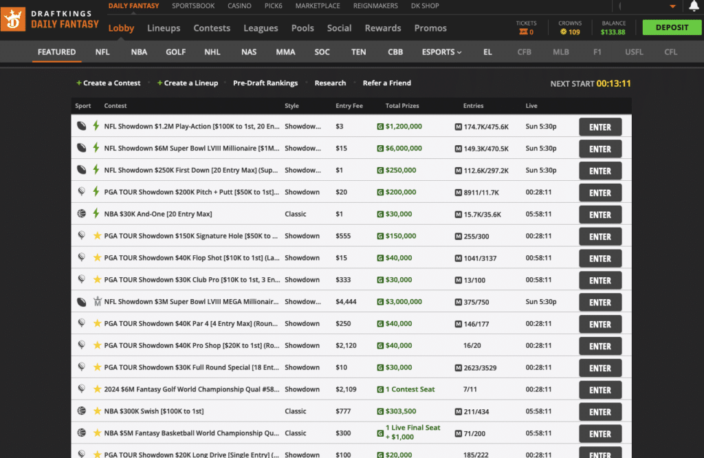 DraftKings daily fantasy sports lobby