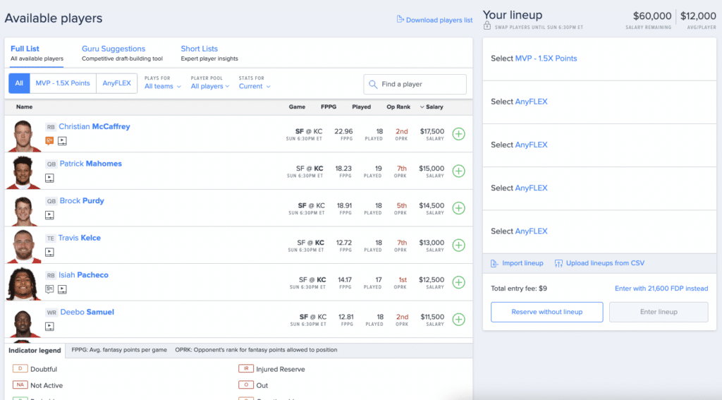 FanDuel DFS lineup